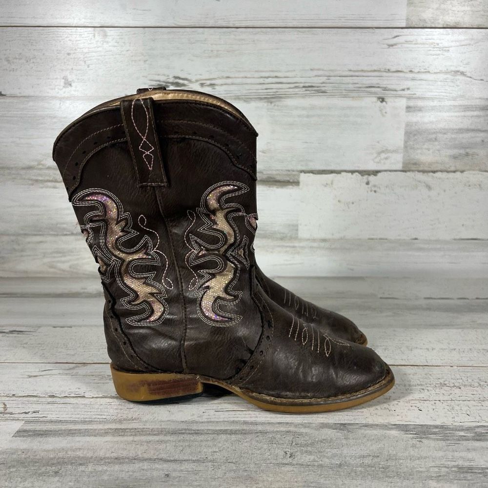 Roper Girls Kids Boots Embroidered Slip On Sequin Leather Brown Size 1